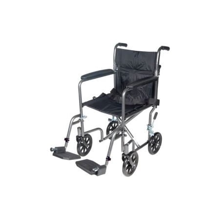 Drive Medical Lightweight Steel Transport Wheelchair, 19"W Seat, Silver Vein Frame and Black Upholstery TR39E-SV
